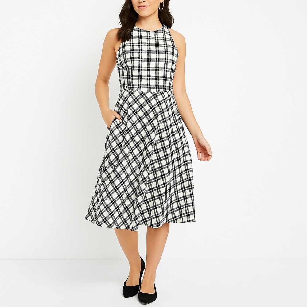 Ann Taylor Petite Black & White Plaid Fit & Flare Dress - Size 4P